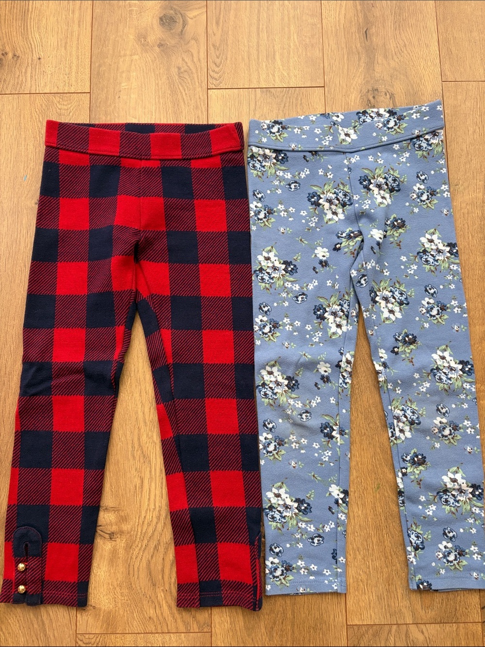 Janie and Jack Red & Blue Plaid Leggings with Floral Blue Pair